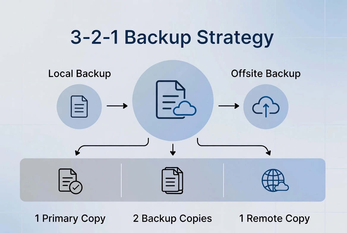 3-2-1 backup strategy diagram: 1 primary copy, 2 backup copies, 1 remote copy