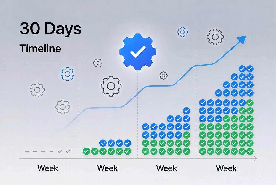Línea de tiempo de uso de Copilot Pro de 30 días mostrando viaje de mejora de productividad semana a semana