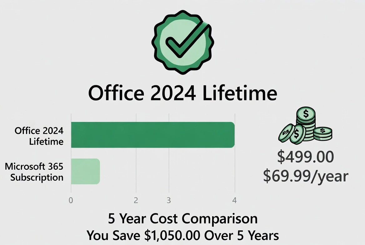 5-year cost comparison: Office 2024 lifetime vs Microsoft 365 subscription savings