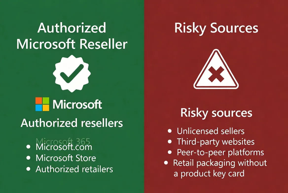 Safe vs risky sources for buying Microsoft 365: authorized resellers and warning signs