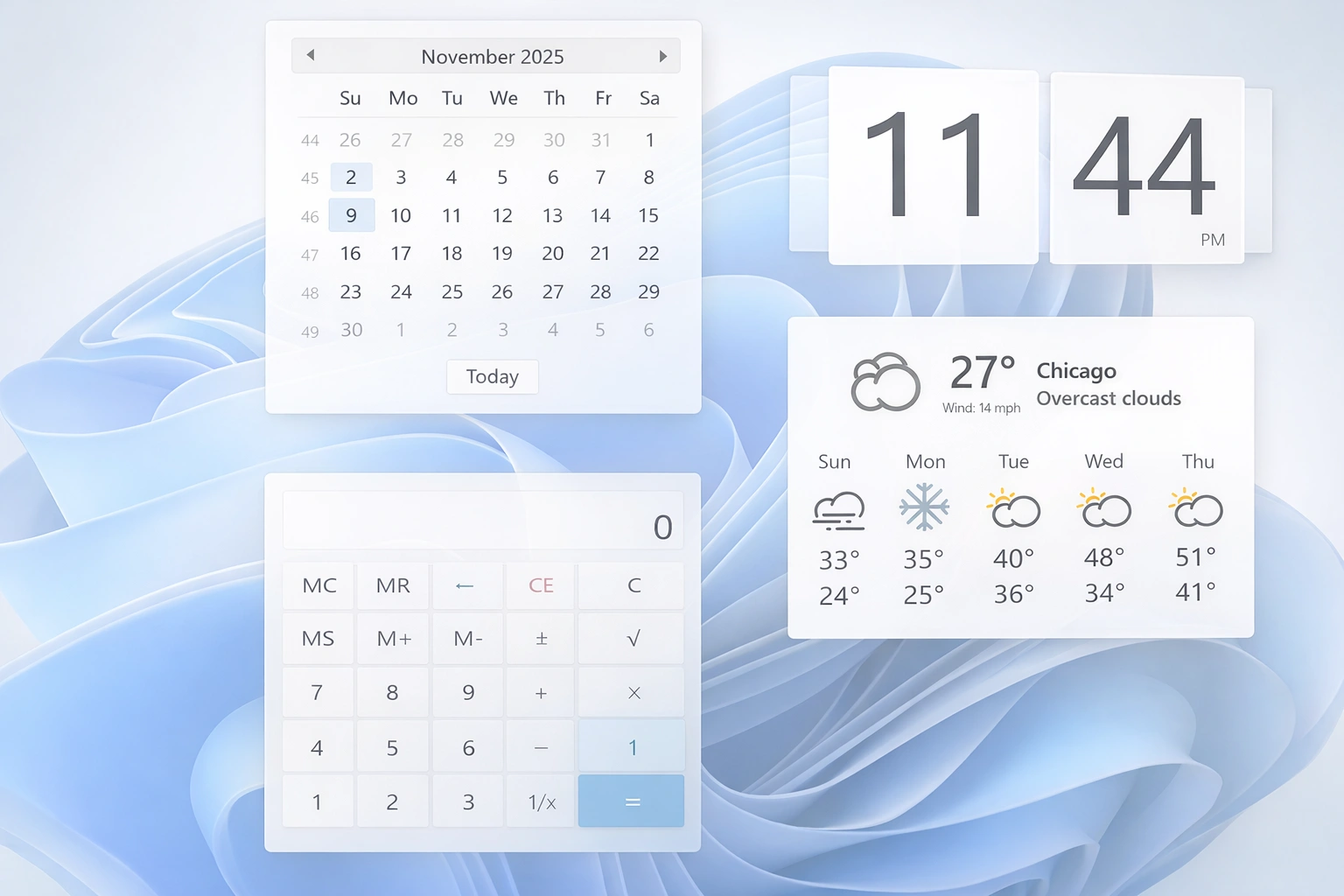 Widgets disponibles en Windows 11: calendario, reloj, calculadora y clima