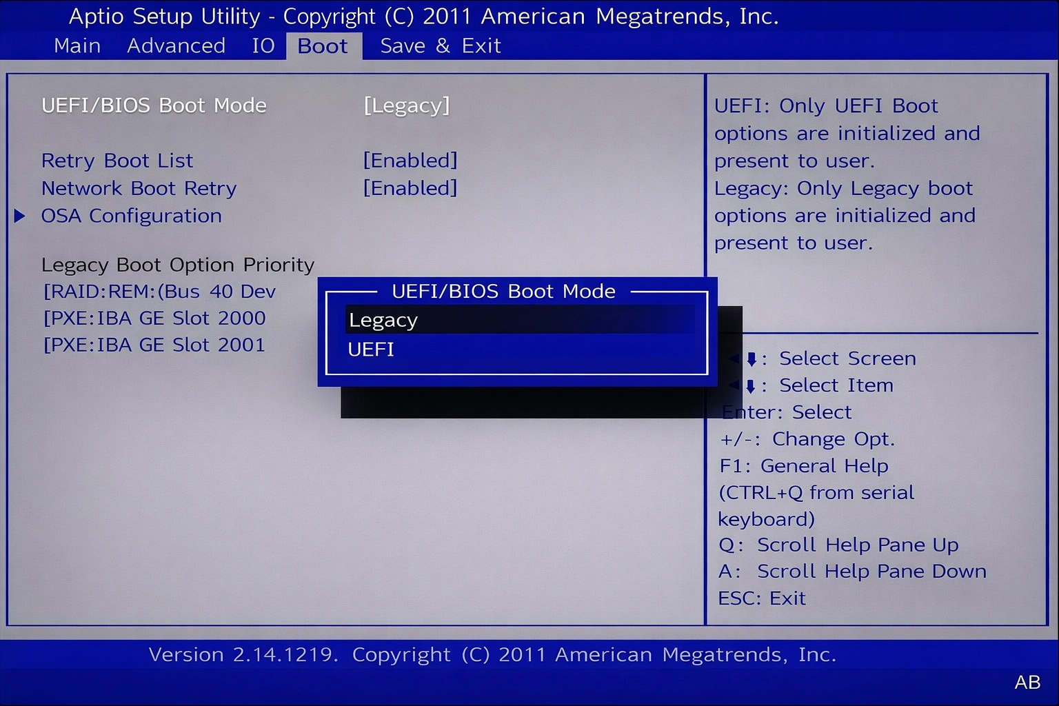 Configuración BIOS/UEFI mostrando opciones de modo de arranque Legacy y UEFI