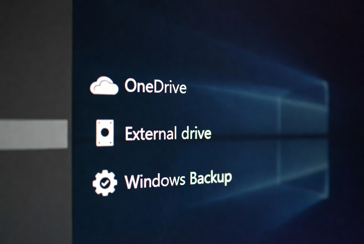 Backup options before upgrading: OneDrive cloud sync, external drive, and Windows Backup