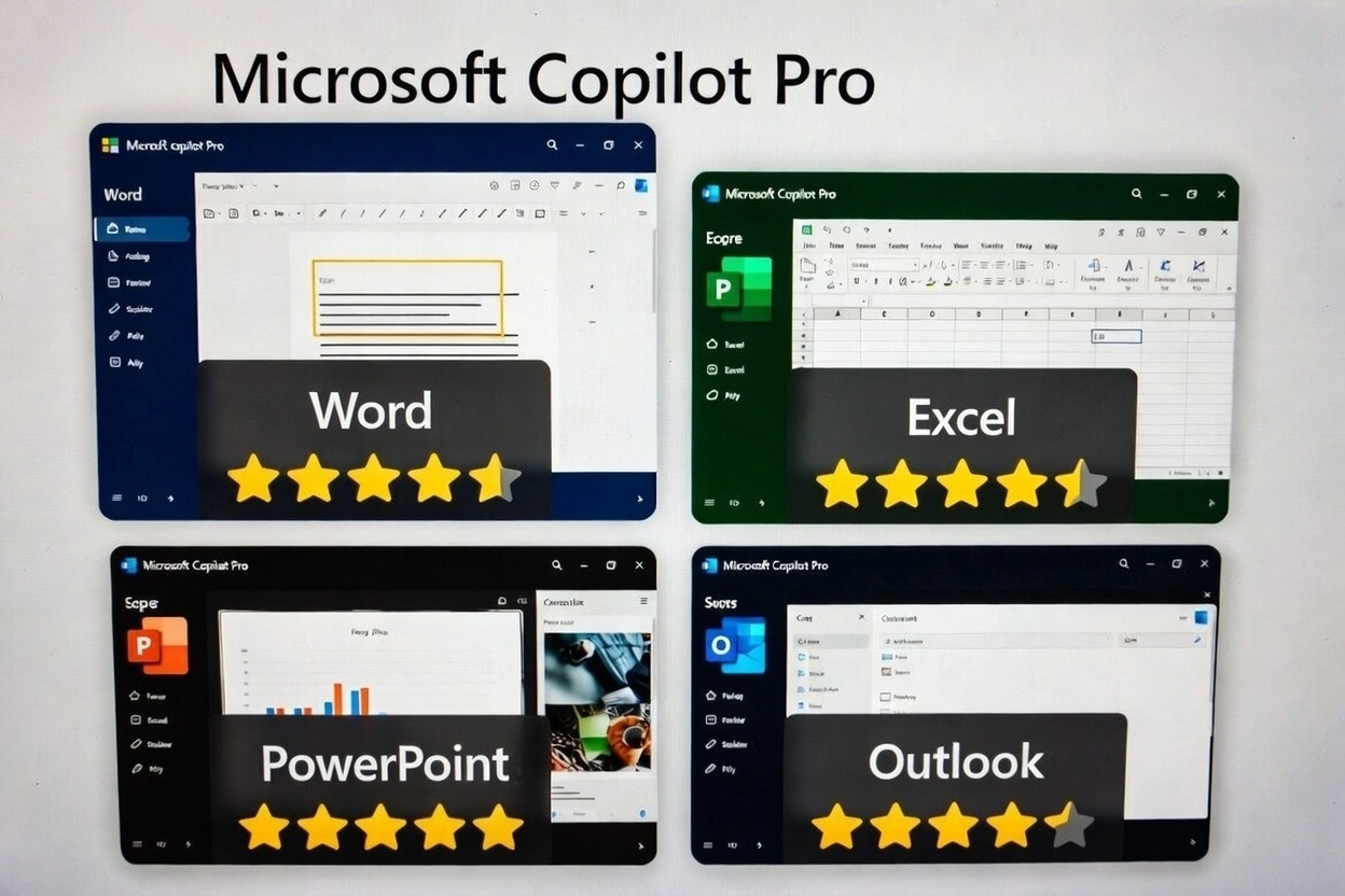 Comparación de calificaciones de apps Copilot Pro mostrando rendimiento en Word, Excel, PowerPoint y Outlook con calificaciones de estrellas