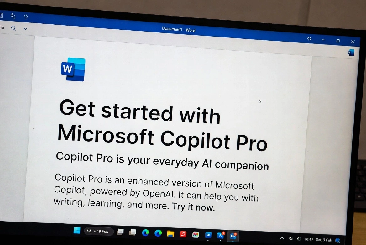 Interfaz de Microsoft Copilot Pro en Word mostrando pantalla de bienvenida de asistencia de escritura IA