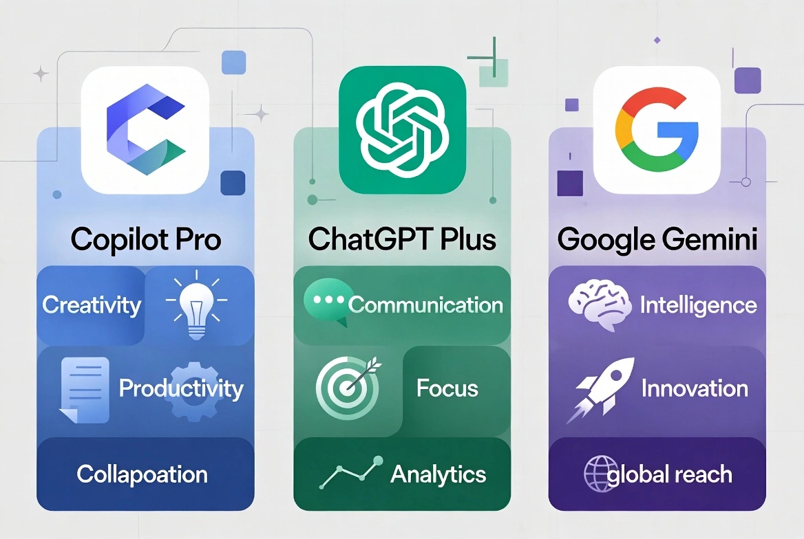 Comparación Copilot Pro vs ChatGPT Plus vs Google Gemini mostrando características clave de cada herramienta de productividad IA