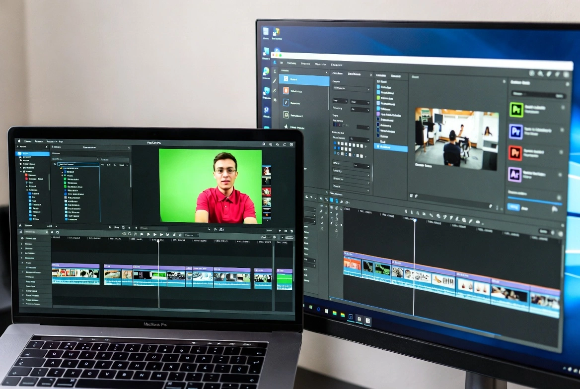 MacBook con Final Cut Pro y monitor Windows con software de edición de video