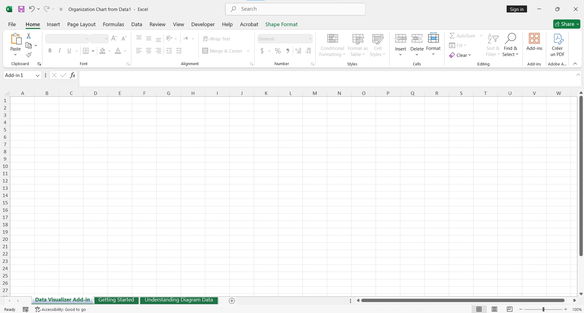 Excel 2024 with Home ribbon and blank spreadsheet