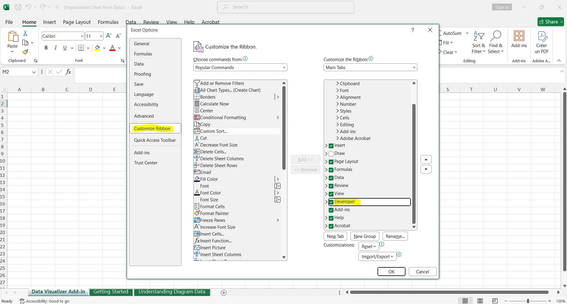 Opciones de Excel mostrando cómo habilitar la pestaña Desarrollador