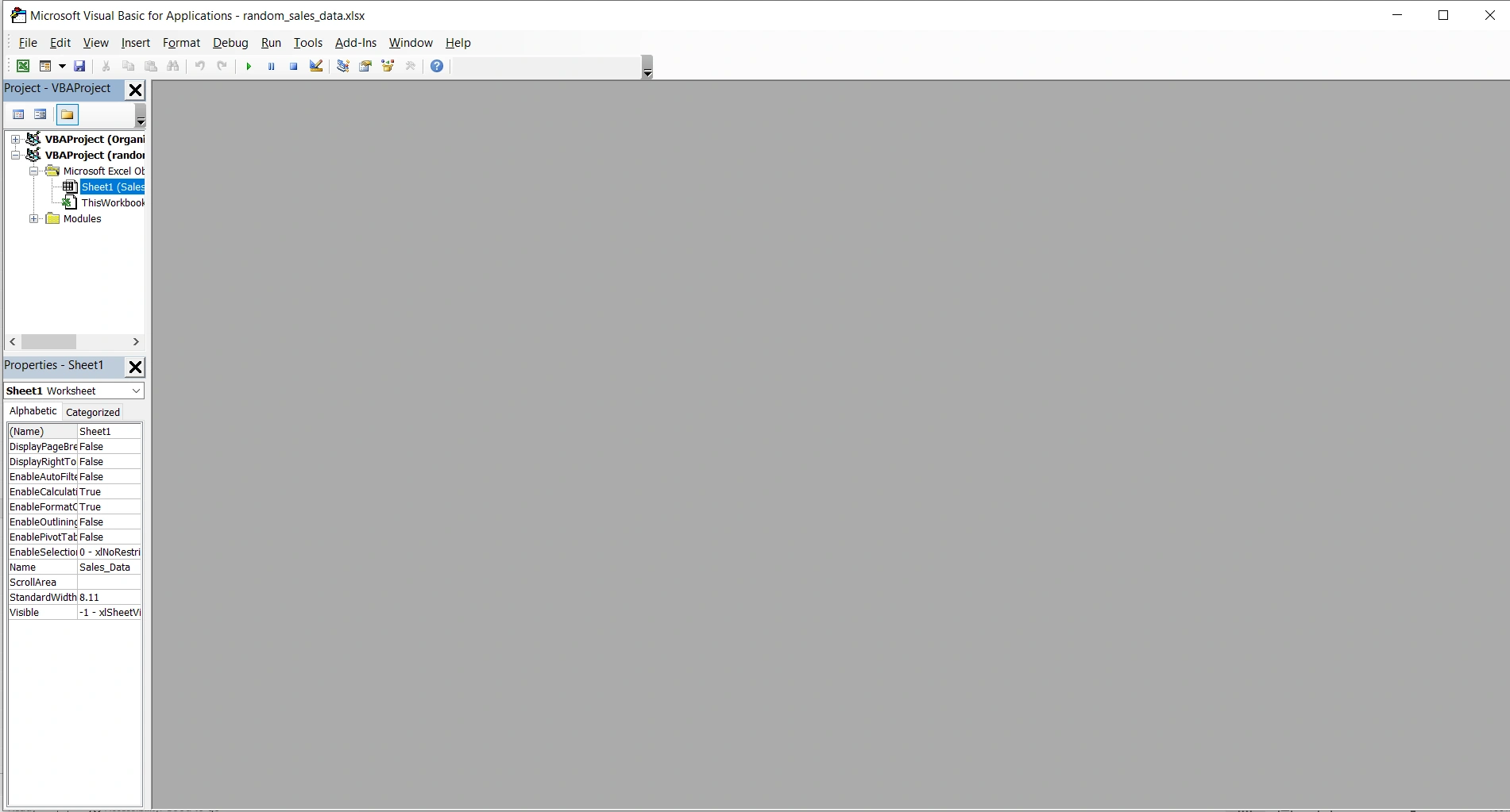 Editor VBA de Microsoft Visual Basic para aplicaciones mostrando el proyecto y propiedades