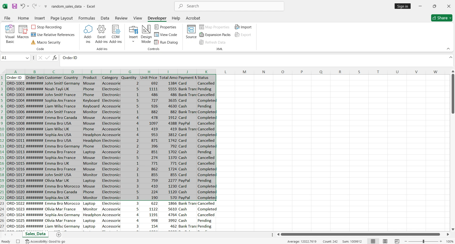 Excel con pestaña Desarrollador activa y tabla de datos de ventas formateada