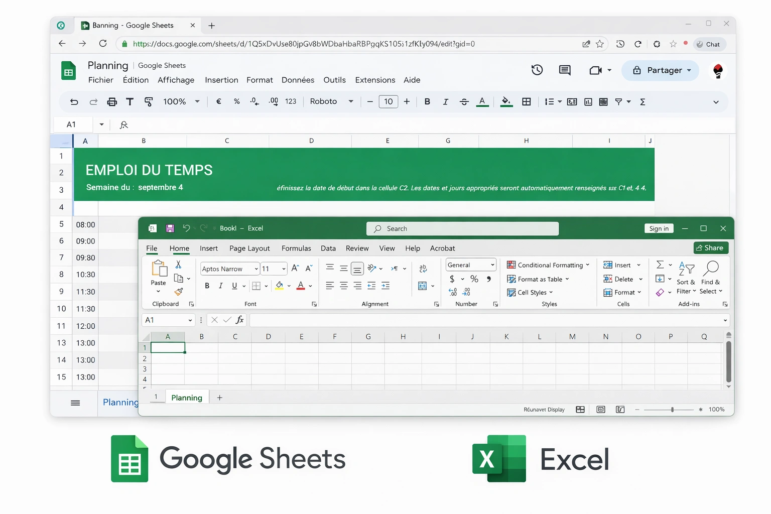Comparación de interfaces Excel vs Google Sheets 2025 lado a lado