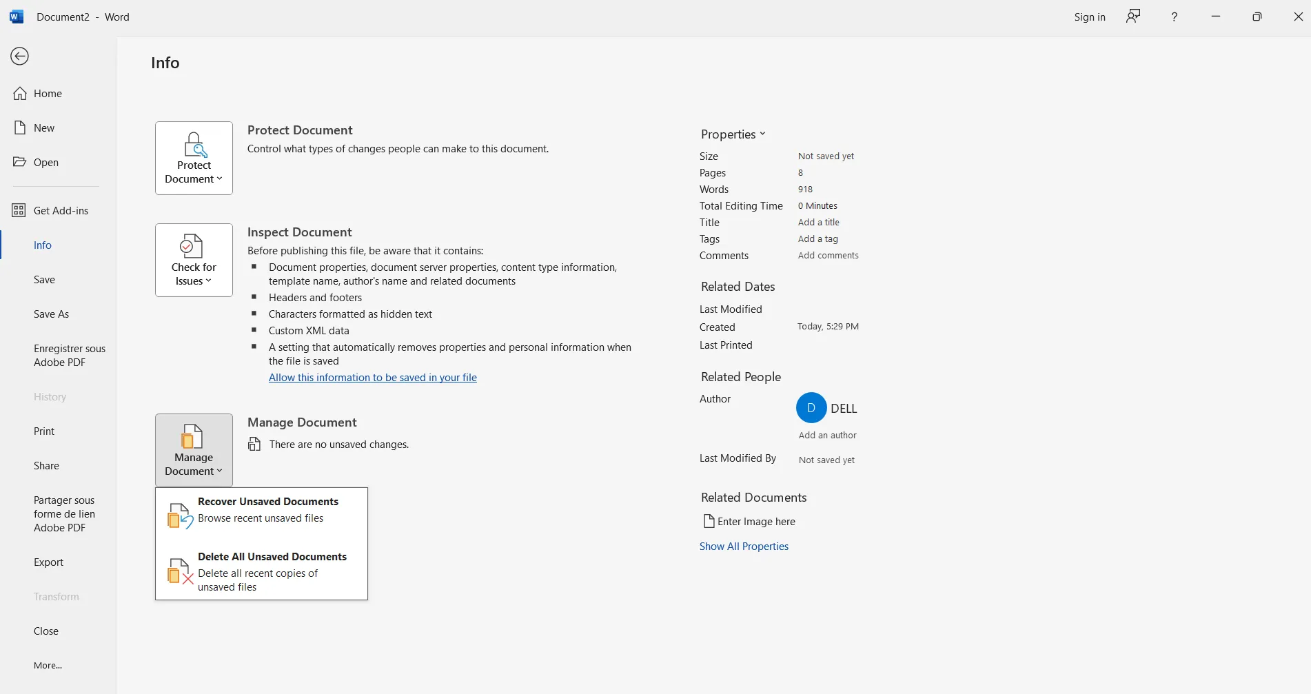 File Info Manage Document menu in Microsoft Word showing Recover Unsaved Documents option