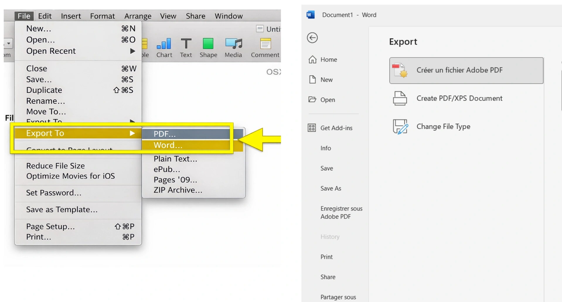 Opciones de exportación en Pages (PDF, Word, ePub) y Word (PDF, XPS) para compatibilidad de archivos