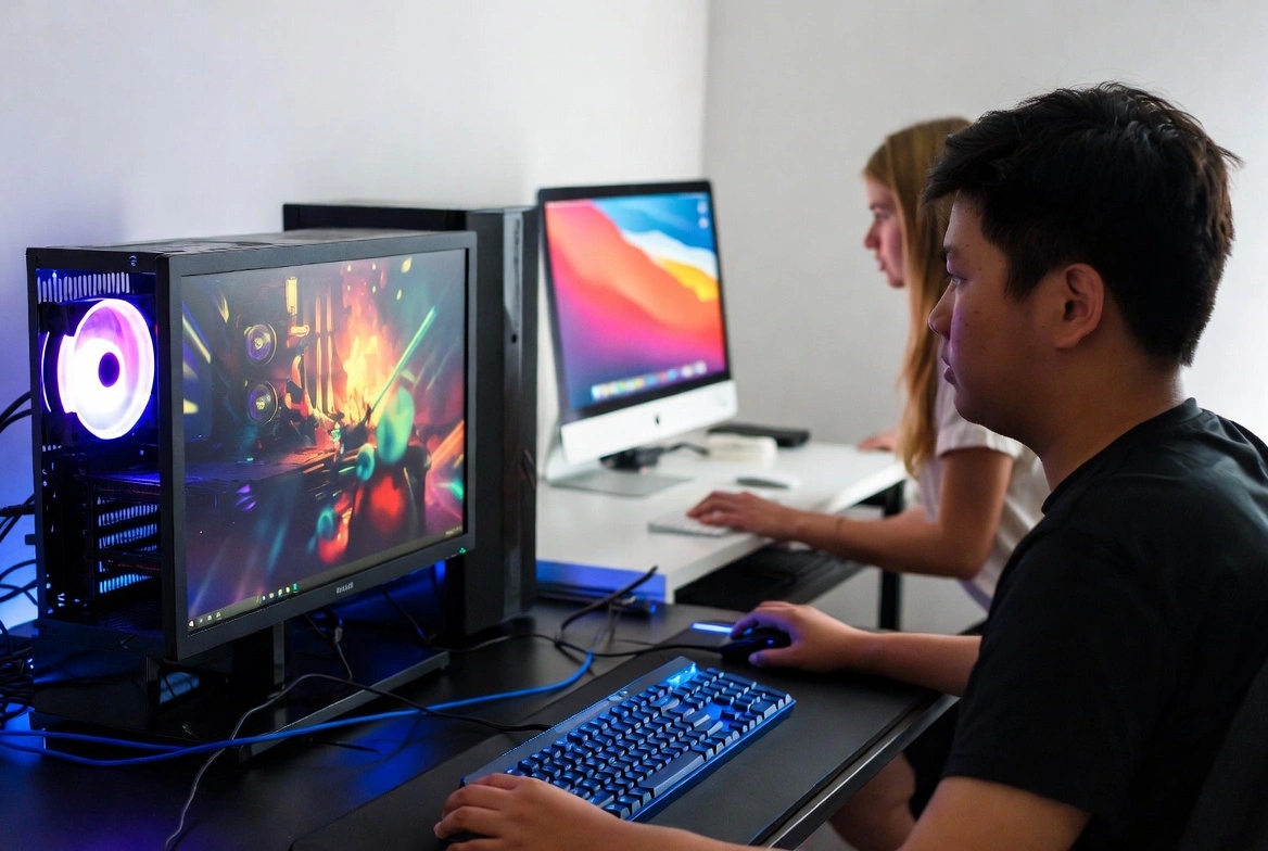 Persona jugando en PC con Windows mientras otra usa iMac al fondo