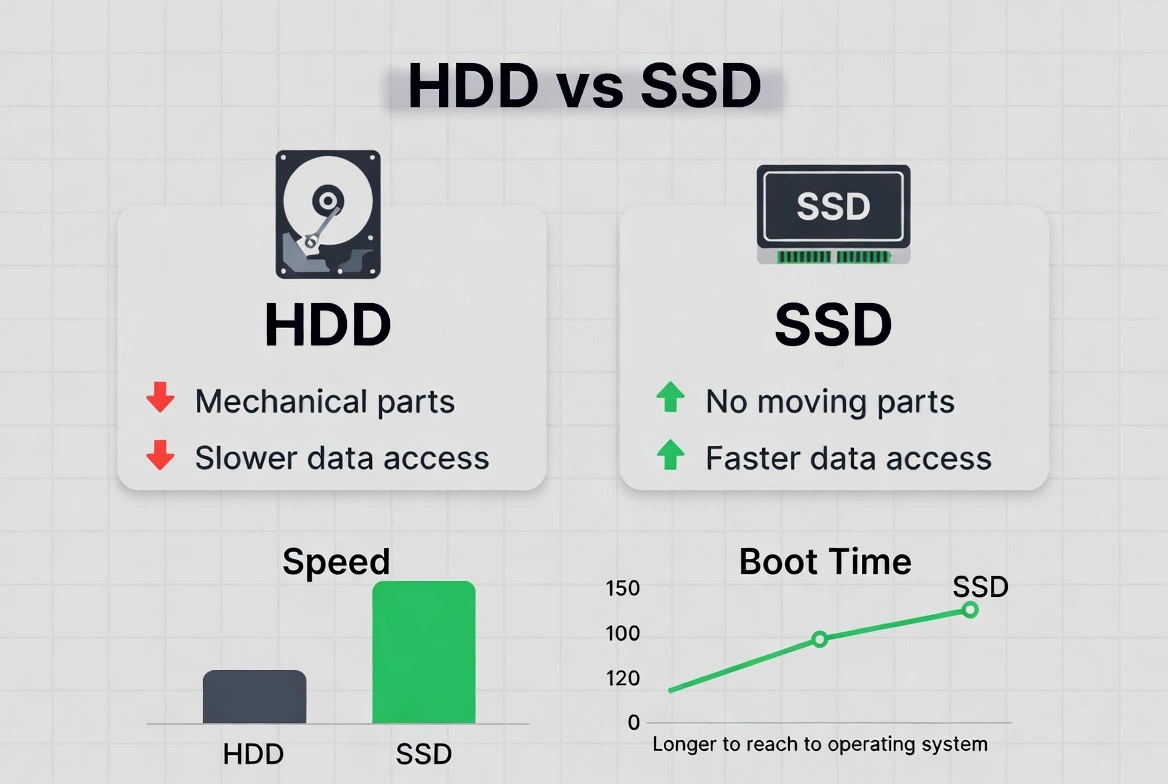 HDD vs SSD comparison infographic showing speed and boot time differences - SSD has no moving parts and faster data access
