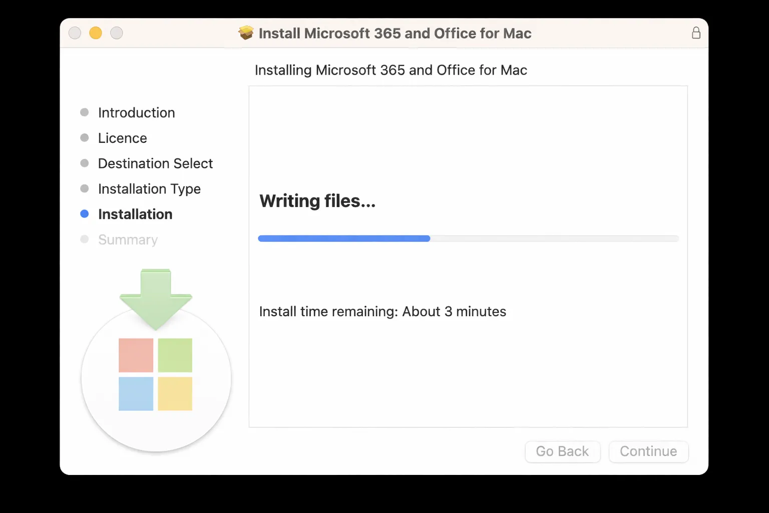 Pantalla de instalación de Microsoft 365 y Office para Mac mostrando progreso y tiempo restante