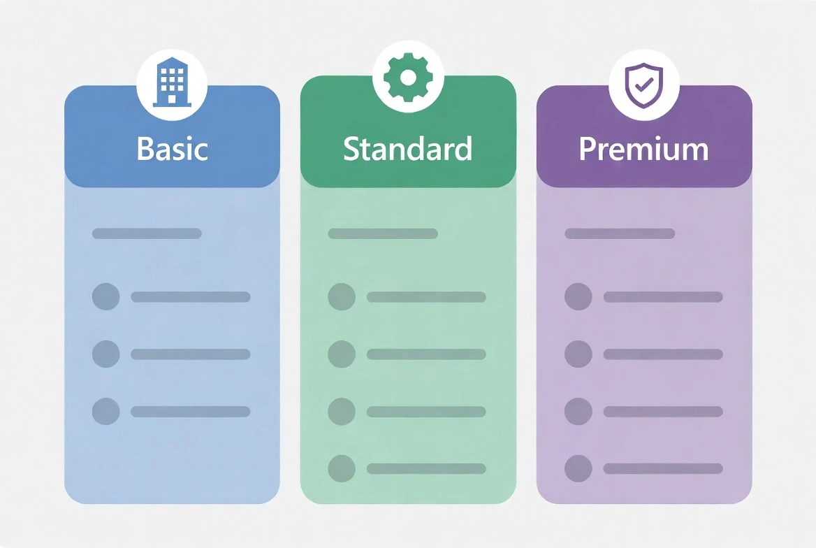Microsoft 365 Business plans comparison showing Basic, Standard, and Premium tiers with their key features