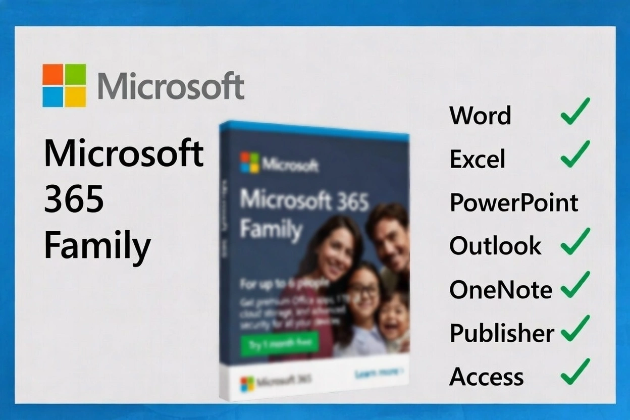 Paquete de Microsoft 365 Familia mostrando el producto con todas las apps incluidas: Word, Excel, PowerPoint, Outlook, OneNote, Publisher y Access
