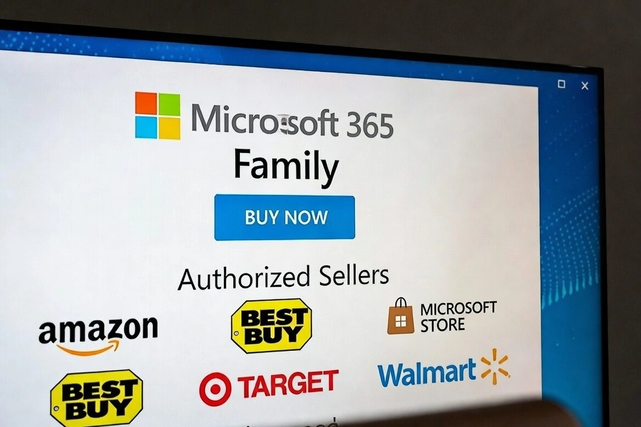 Microsoft 365 Family screen with Buy Now button and authorized seller logos: Amazon, Best Buy, Microsoft Store, Target and Walmart