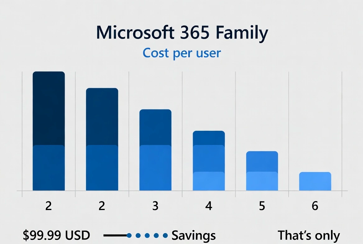 Microsoft 365 Family cost per user breakdown chart showing savings with 2 to 6 family members