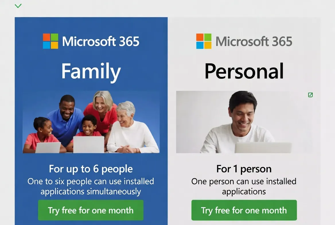 Microsoft 365 Family para hasta 6 personas vs Microsoft 365 Personal para 1 persona - Comparación visual lado a lado