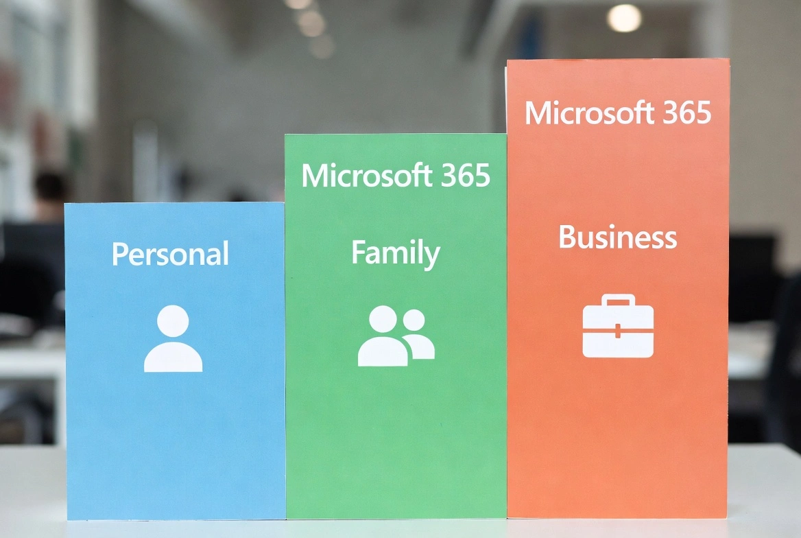 Microsoft 365 plans overview showing Personal, Family, and Business subscription options comparison with icons for each tier