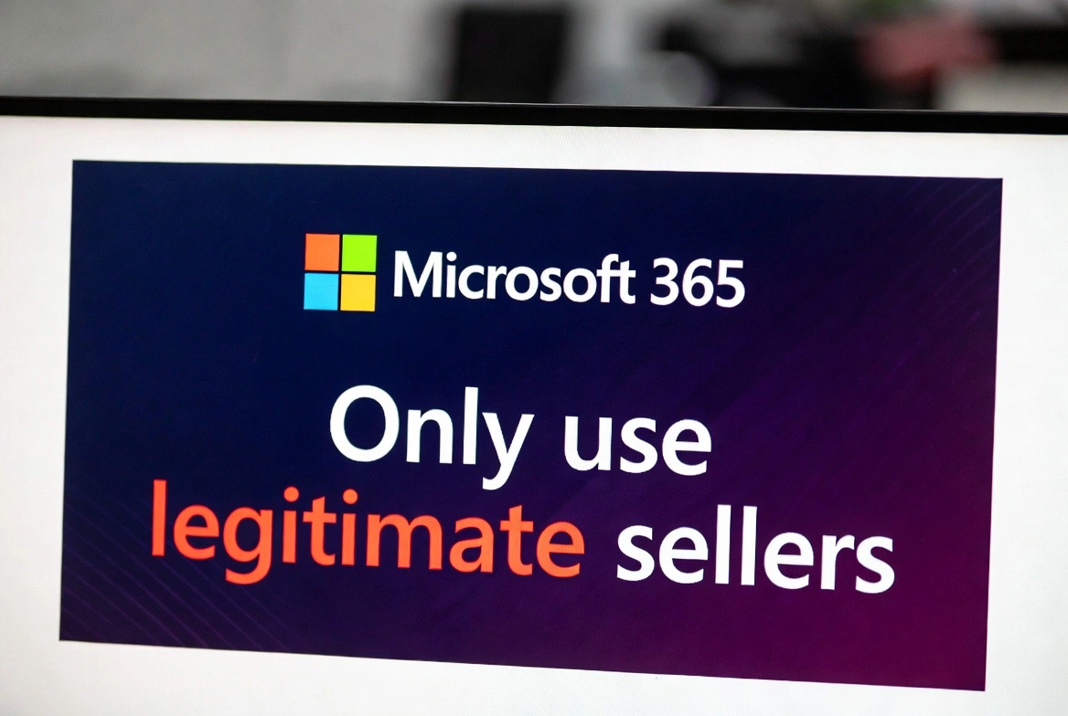 Pantalla mostrando logo de Microsoft 365 con mensaje 'Solo usa vendedores legítimos' - consejos para comprar de forma segura
