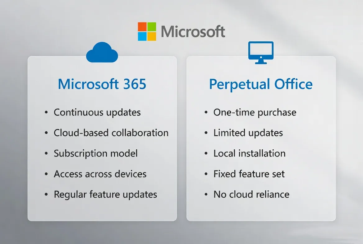 Comparación de licencias Microsoft 365 vs Office perpetuo mostrando las diferencias entre suscripción y compra única