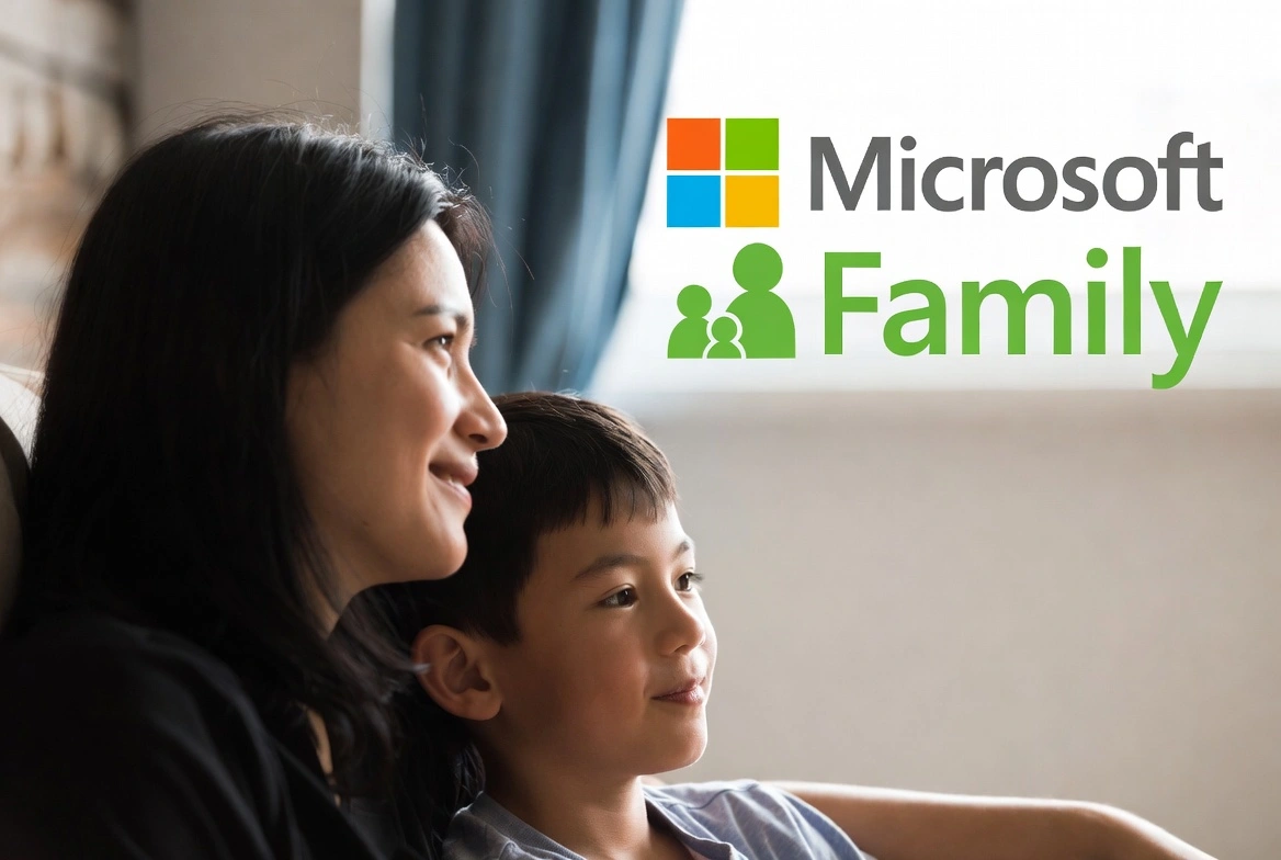 Mother and son looking together with Microsoft Family logo - parental controls and screen time for families