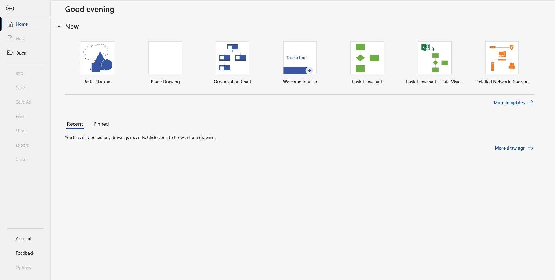 Microsoft Visio interface showing the start screen with templates for diagrams, org charts and flowcharts available