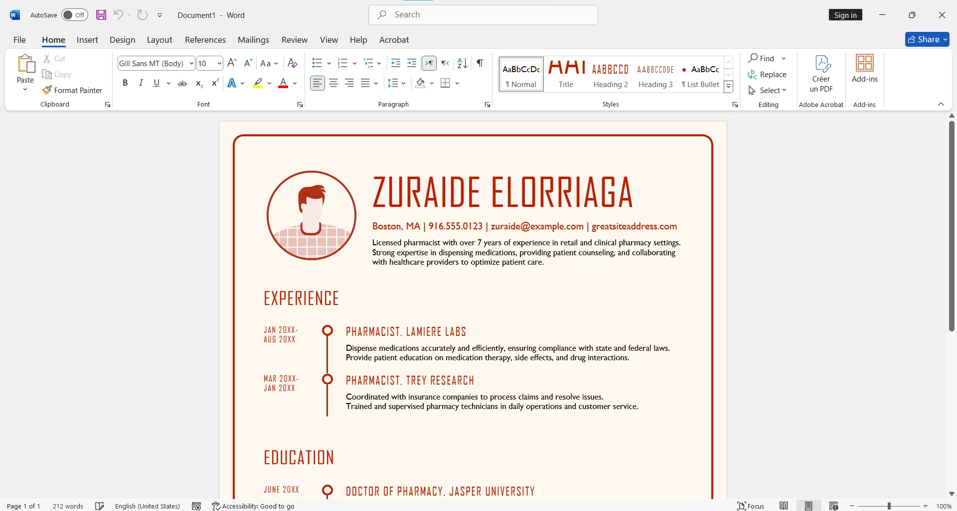 Microsoft Word 2024 mostrando documento de CV con interfaz moderna