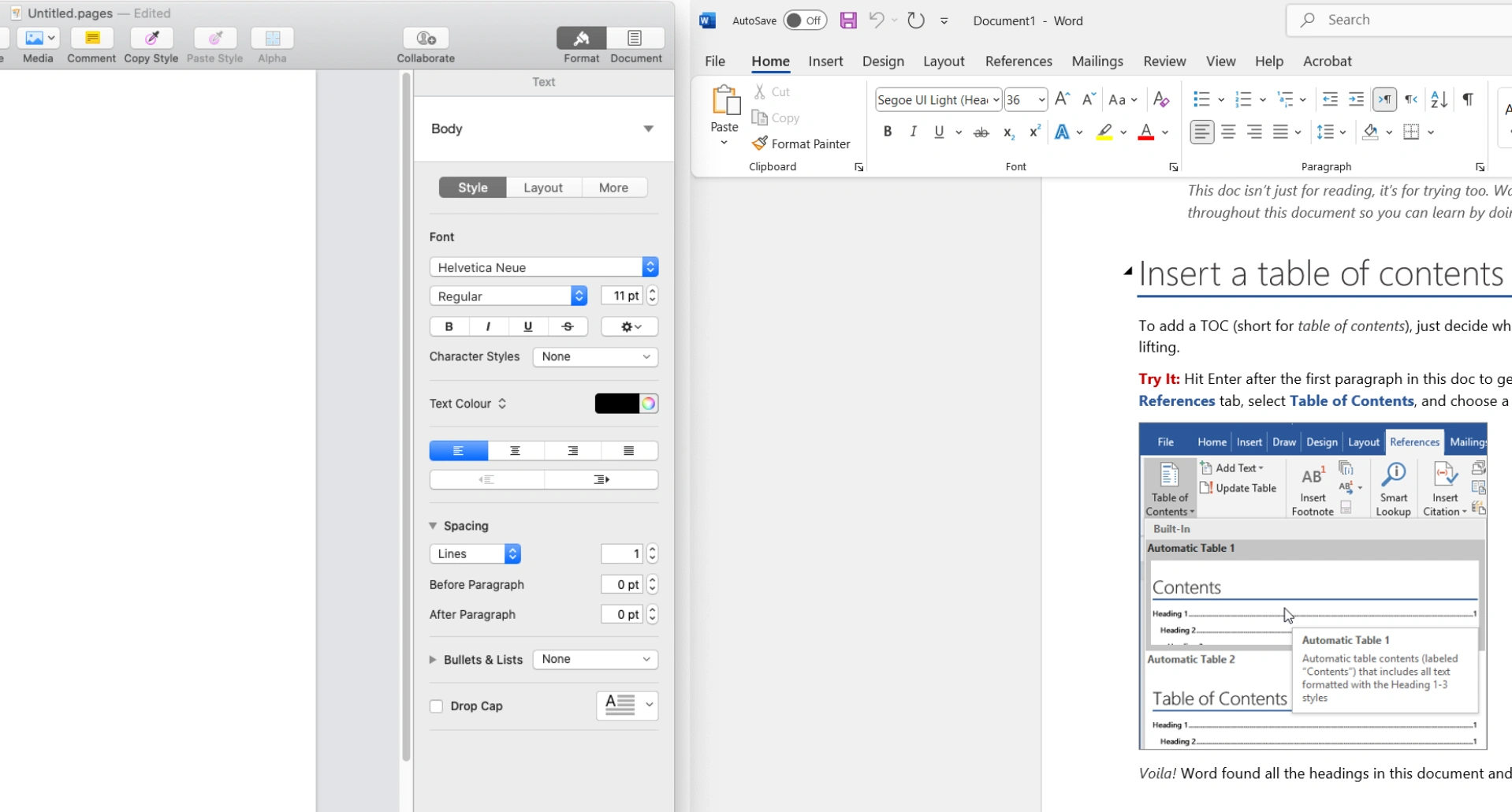 Comparación lado a lado de Microsoft Word y Apple Pages mostrando sus interfaces de usuario