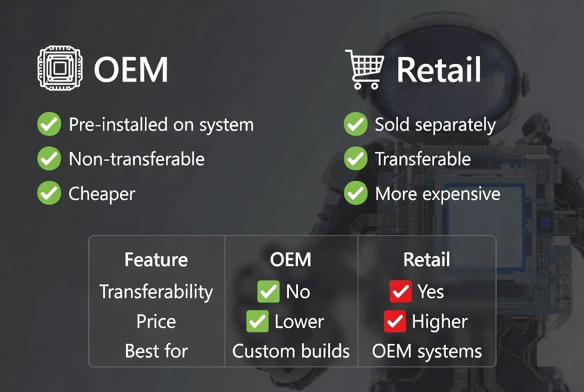 OEM vs Retail Microsoft keys comparison: features, transferability, and best use cases