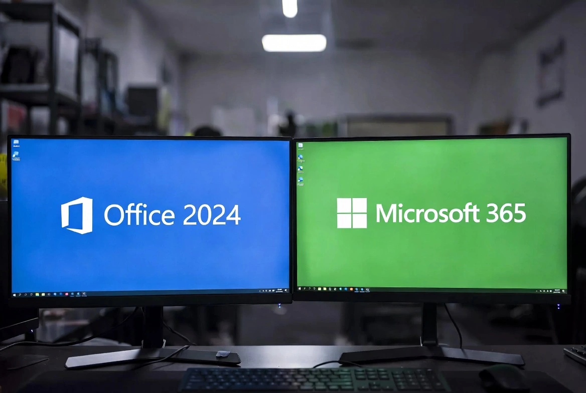 Two monitors comparing Office 2024 (blue) and Microsoft 365 (green)