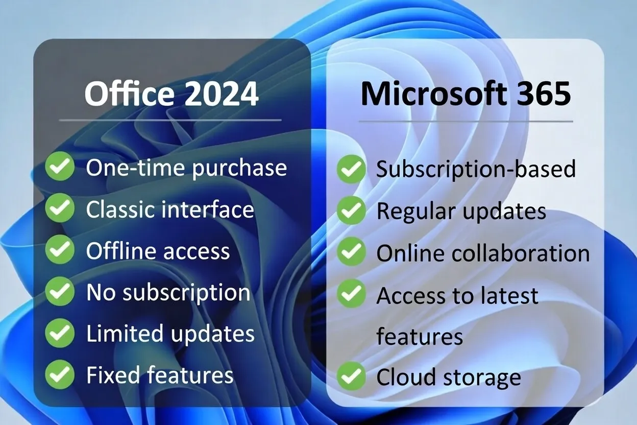 Office 2024 vs Microsoft 365 visual comparison: one-time purchase vs subscription, classic interface vs regular updates, offline access vs cloud collaboration