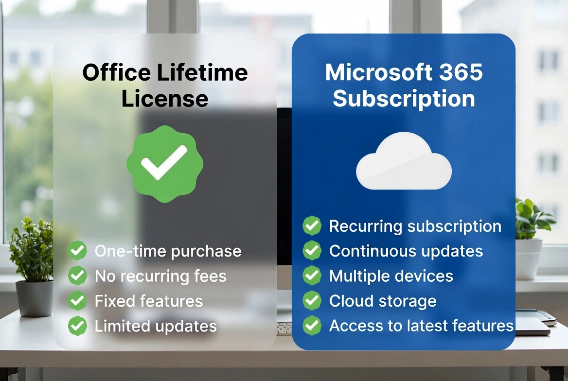 Office lifetime license vs Microsoft 365 subscription: key differences comparison