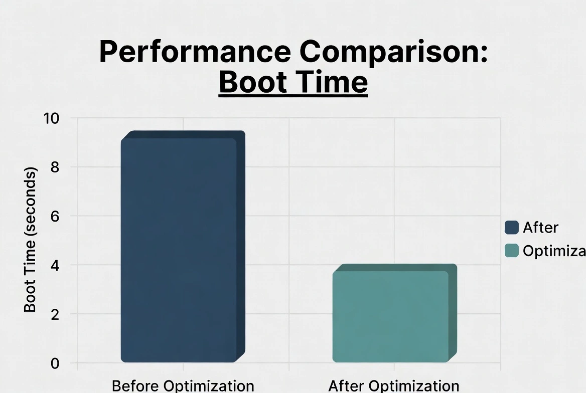 Gráfico de comparación de rendimiento mostrando tiempo de arranque antes y después de la optimización