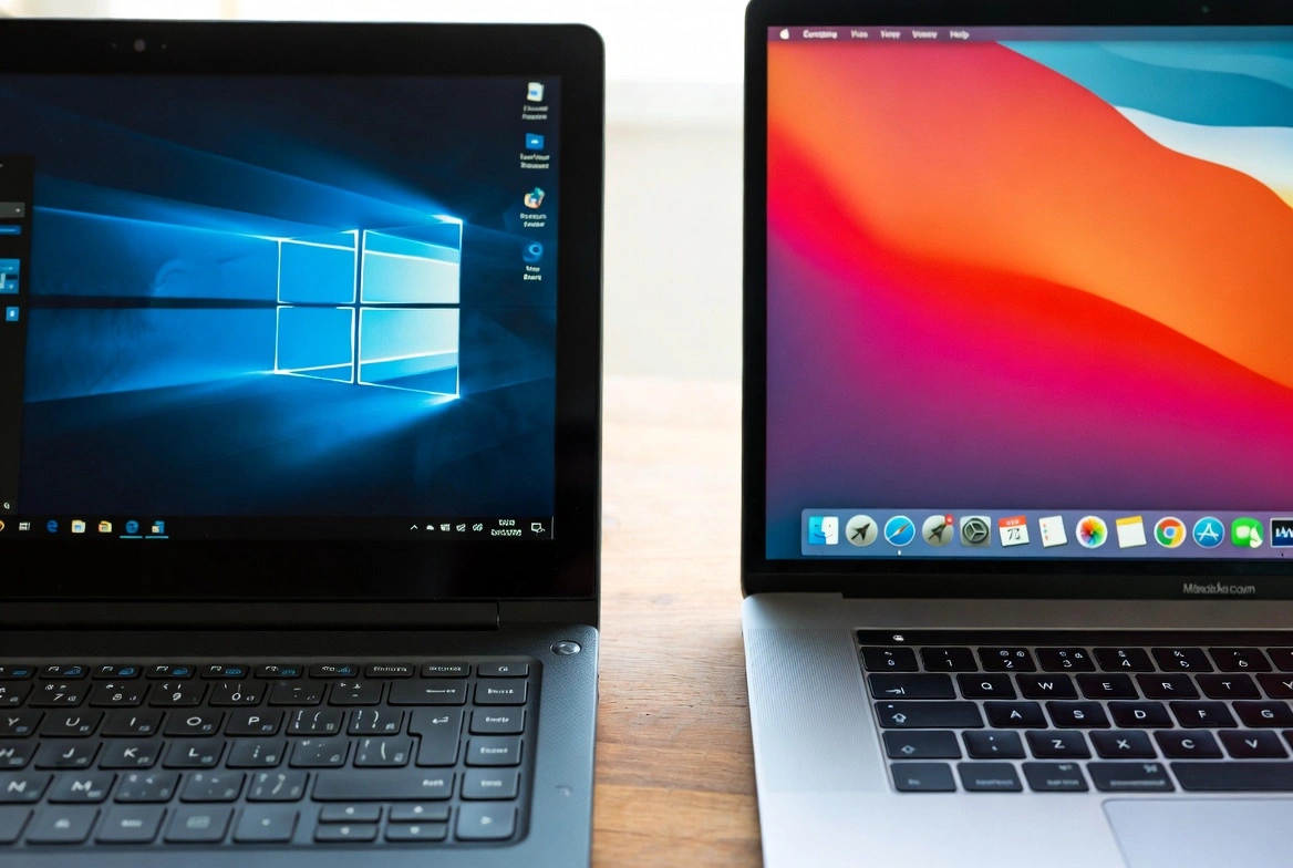 Laptop Windows y MacBook lado a lado mostrando sus escritorios