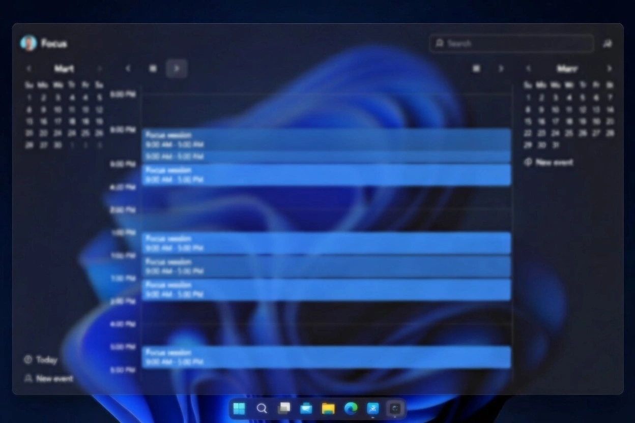 Calendario de Windows 11 con sesiones de Focus programadas en bloques de tiempo productivo