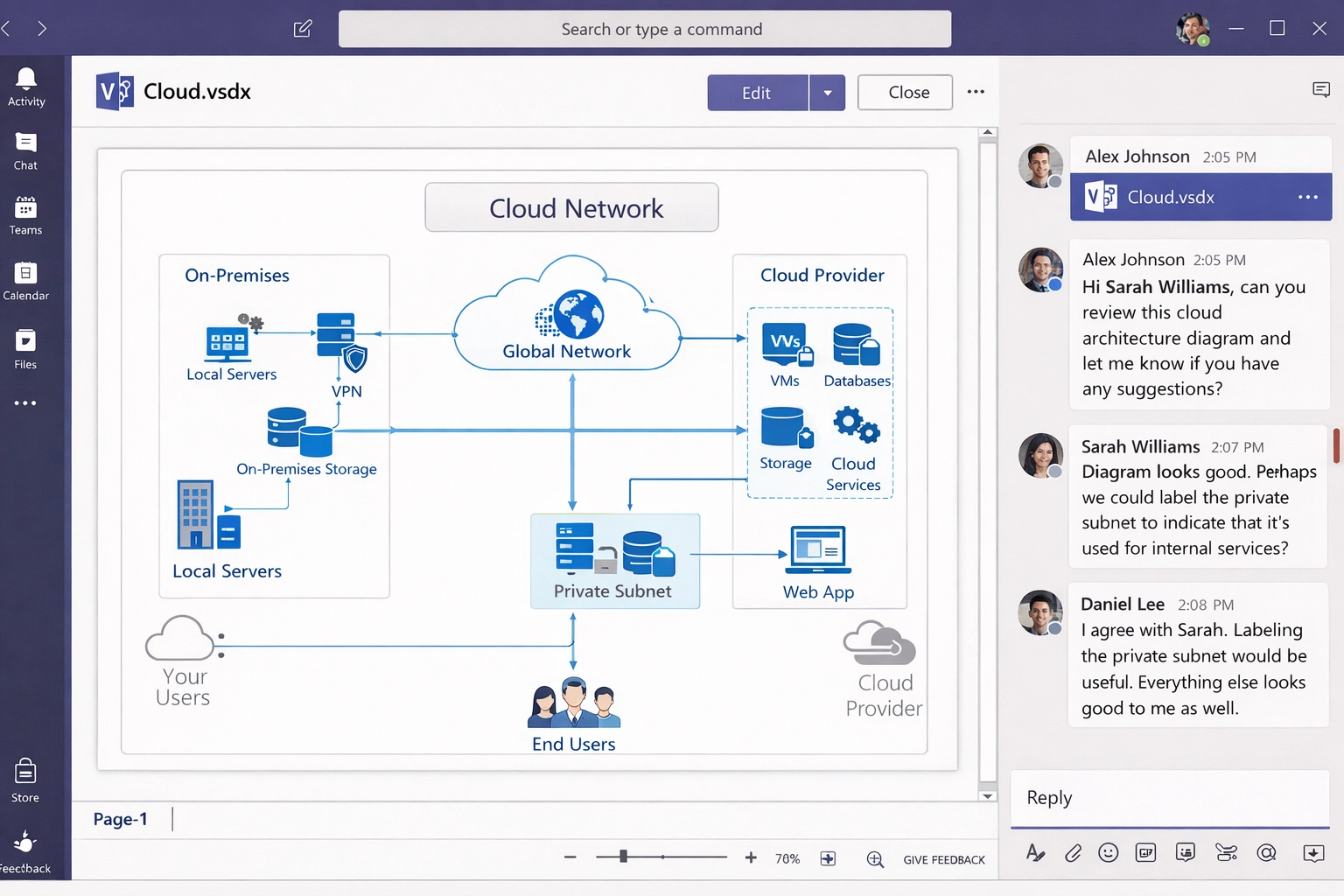 Colaboración en tiempo real en Visio integrado con Microsoft Teams, mostrando diagrama de red en la nube con chat de equipo