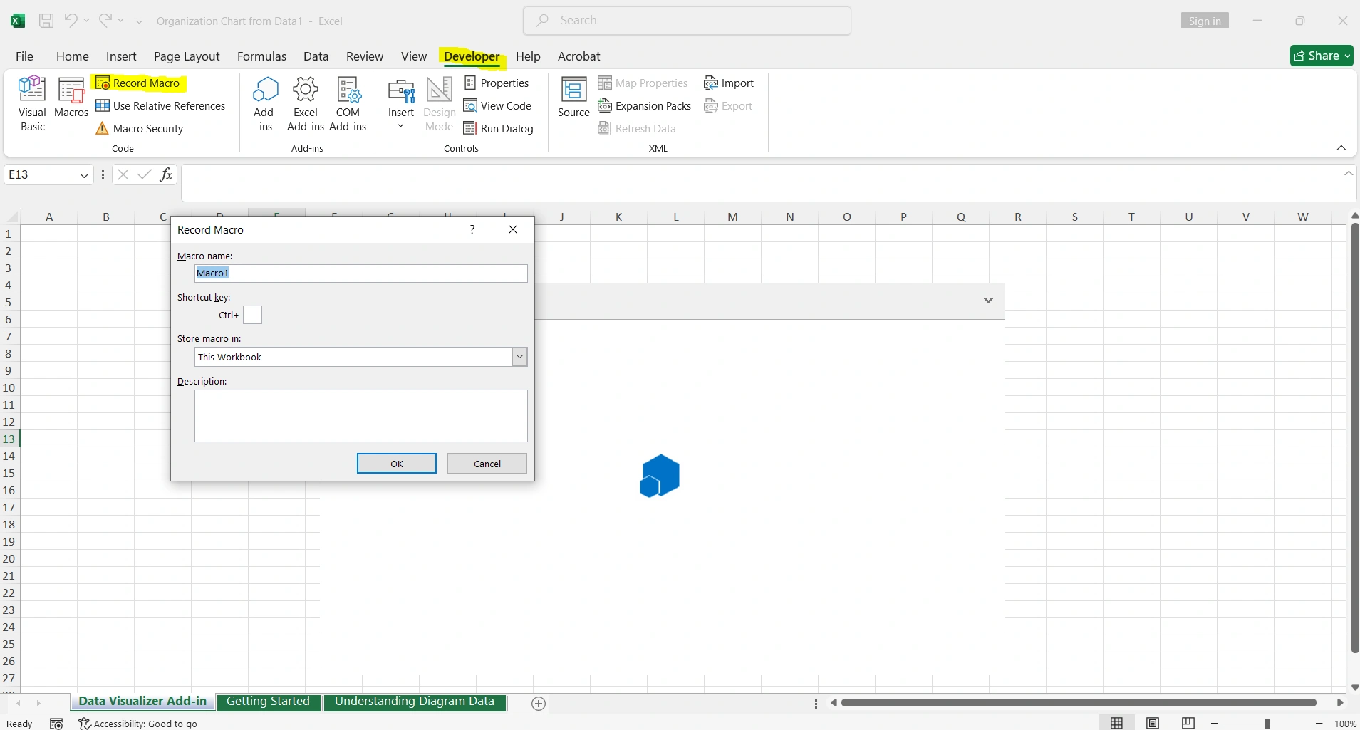 Diálogo Grabar macro en Excel con nombre, atajo de teclado y ubicación