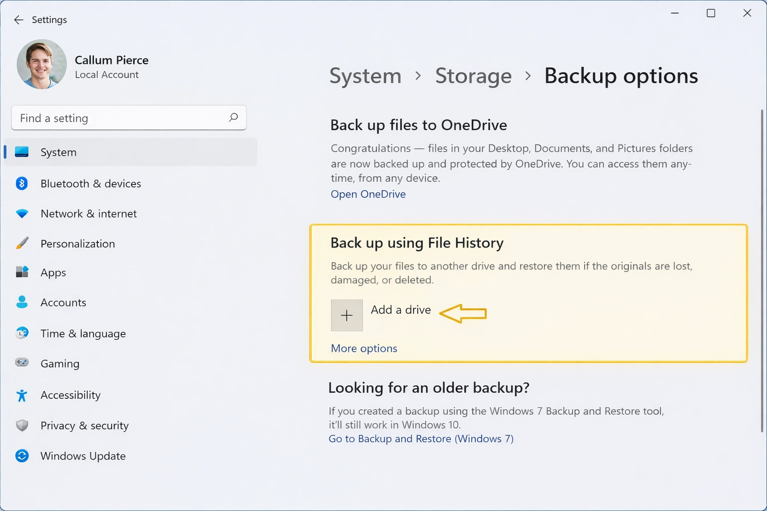 Windows 11 Settings showing File History options for restoring files