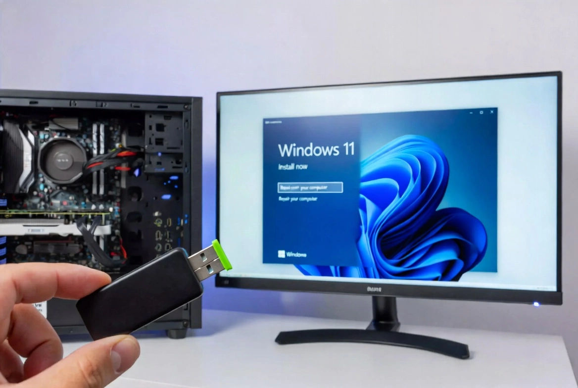 Creating bootable USB drive for Windows 11 installation using Rufus, showing USB drive connected to PC with Windows 11 setup screen on monitor