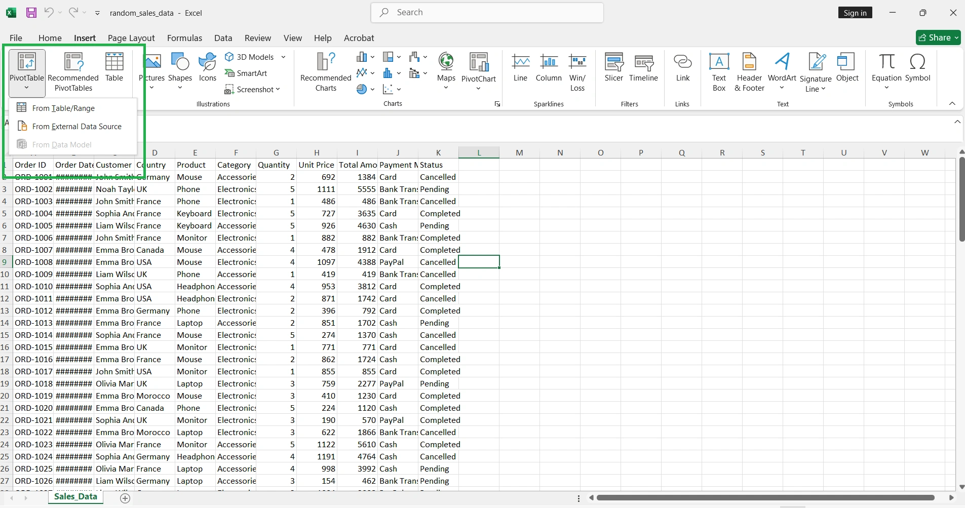 Datos de ejemplo preparados para tabla dinámica en Excel