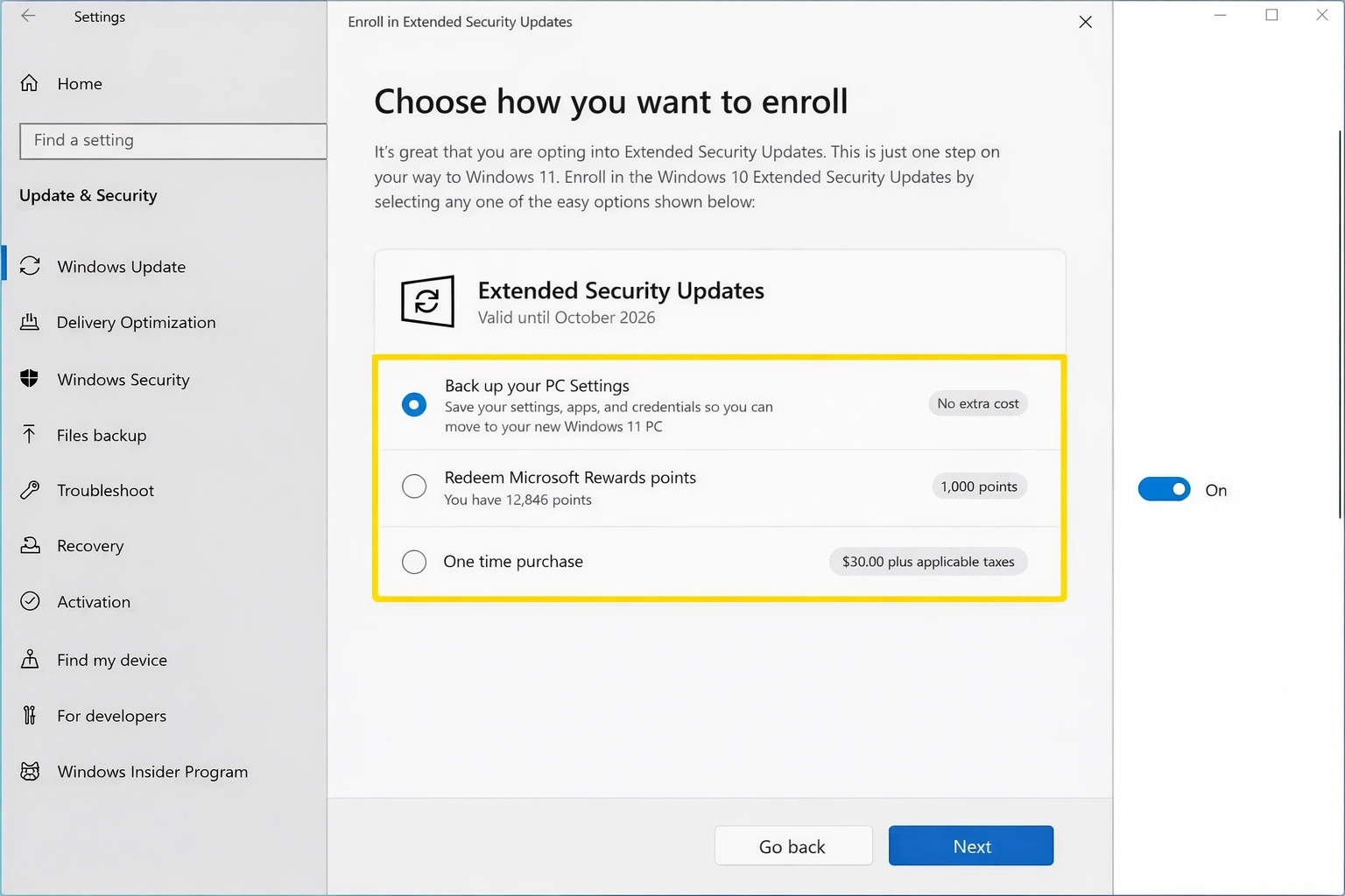 Steps to enable ESU on Windows 10