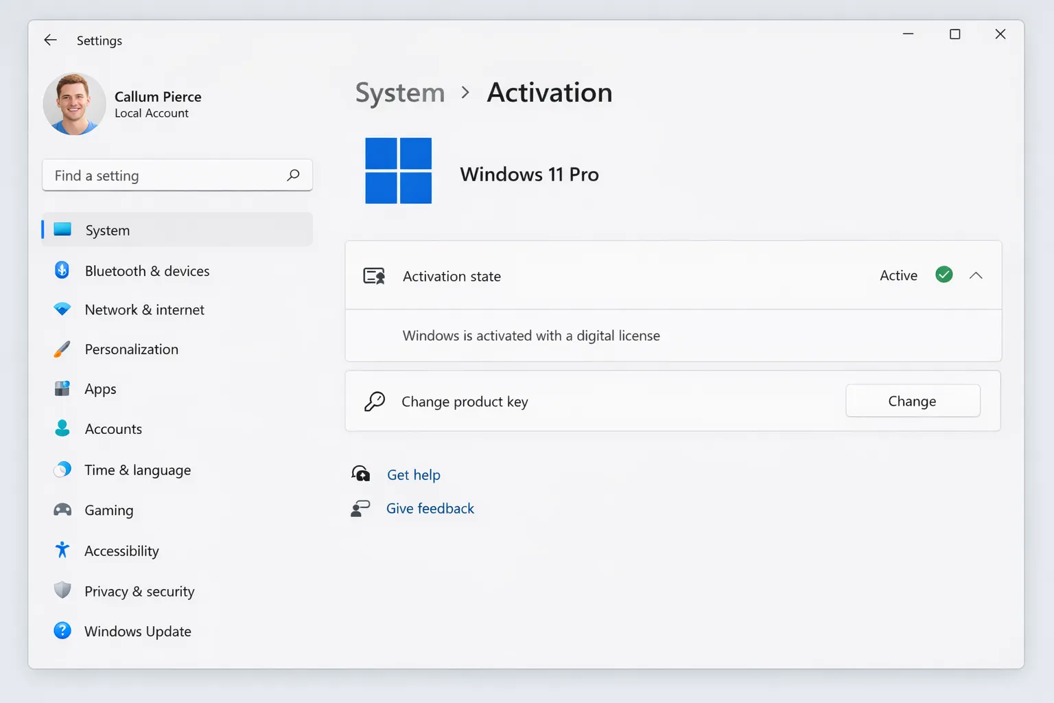 Windows 11 Pro activation settings showing active digital license linked to Microsoft account