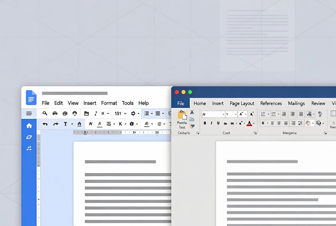 Comparación visual de las interfaces de Google Docs y Microsoft Word 2025 lado a lado