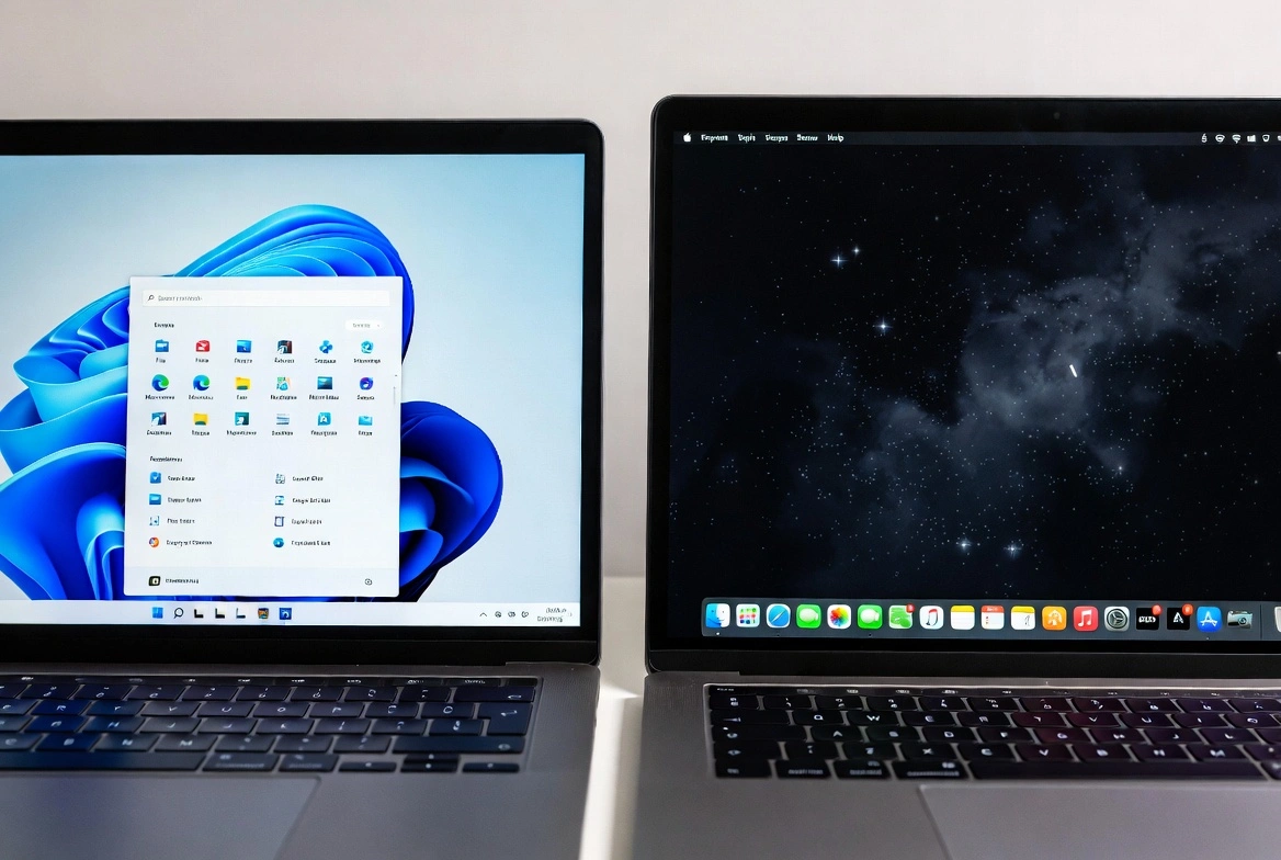 Comparación visual entre Windows 11 con menú inicio abierto y macOS con dock