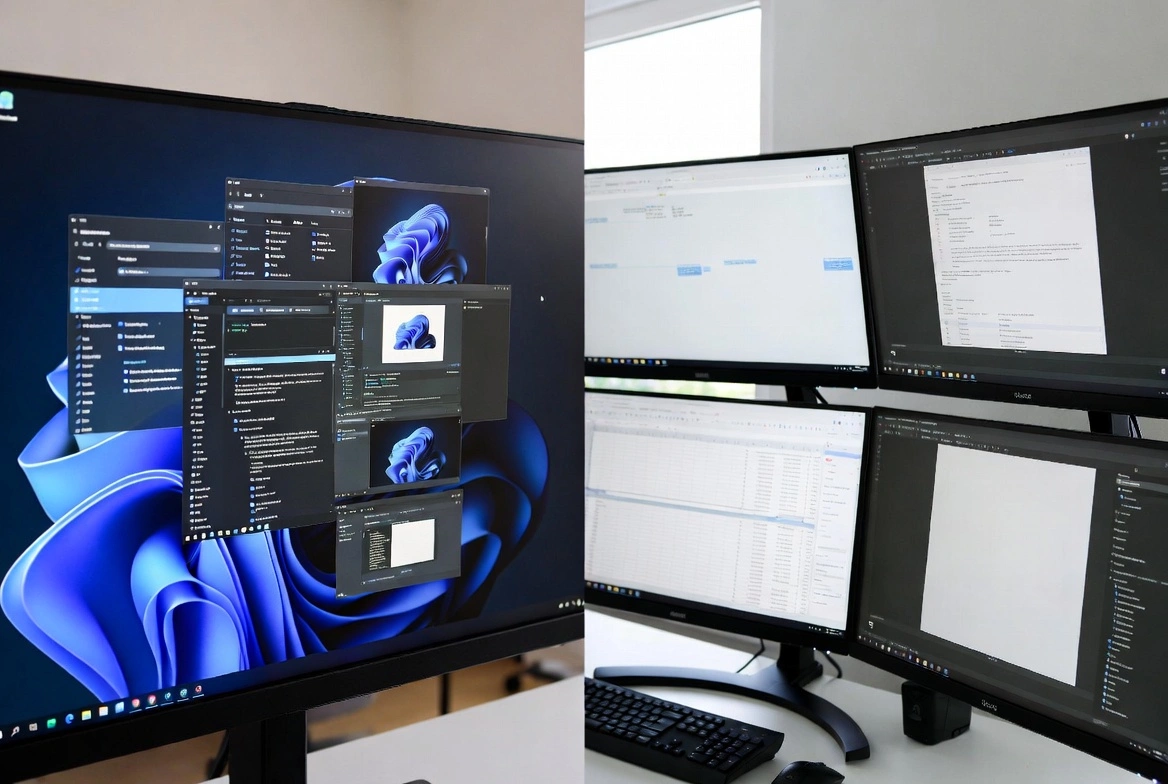 Comparación visual lado a lado de escritorios virtuales de Windows 11 versus configuración con múltiples monitores